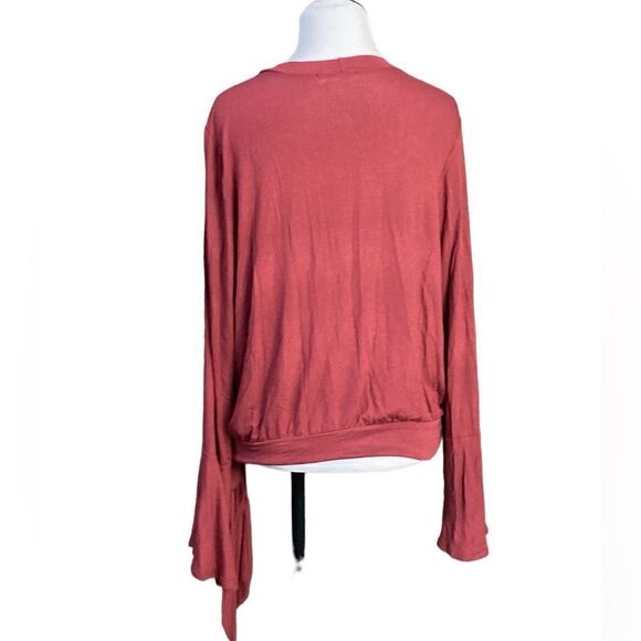 Nordstrom LUSH Ballet Tie Front Bell Sleeve Surplice Blouse Ruby Wine Women - Picture 6 of 10